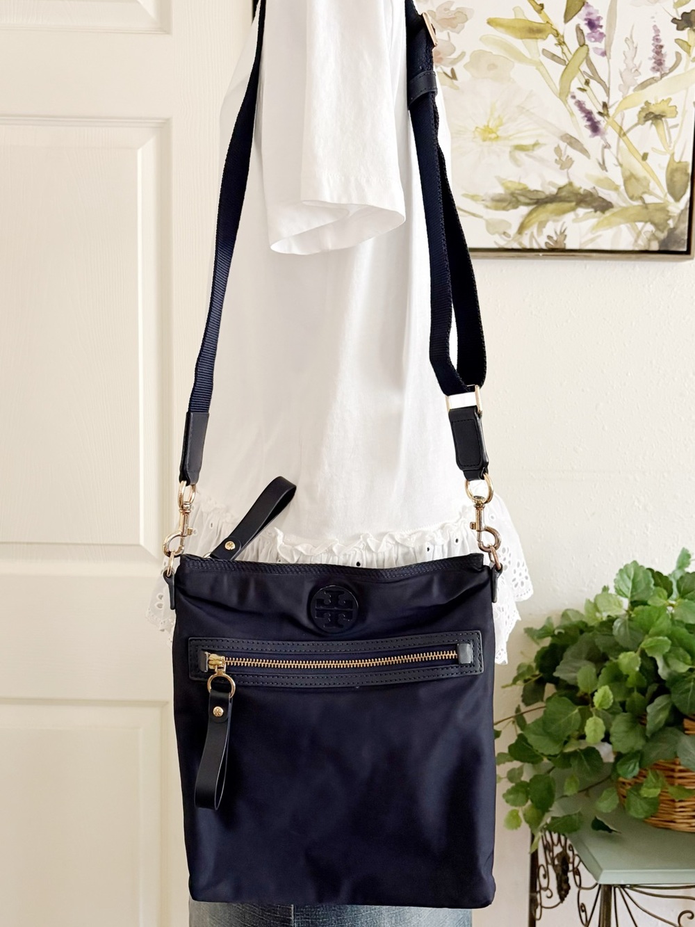 Tory Burch Navy Nylon Crossbody Bag with Gold Hardware